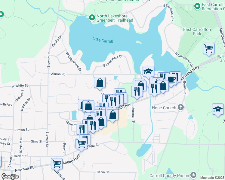 map of restaurants, bars, coffee shops, grocery stores, and more near 180 Martin Drive in Carrollton