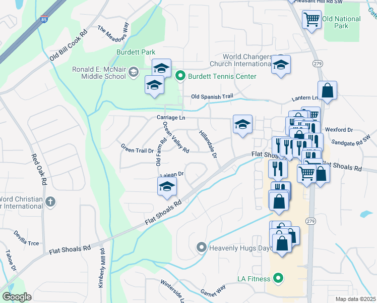 map of restaurants, bars, coffee shops, grocery stores, and more near 2765 Ocean Valley Road in Atlanta