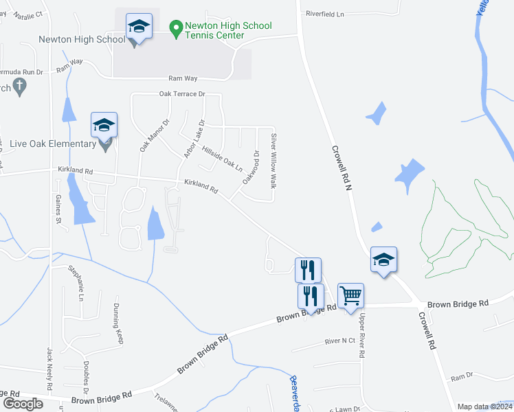 map of restaurants, bars, coffee shops, grocery stores, and more near 60 Silver Willow Walk in Covington