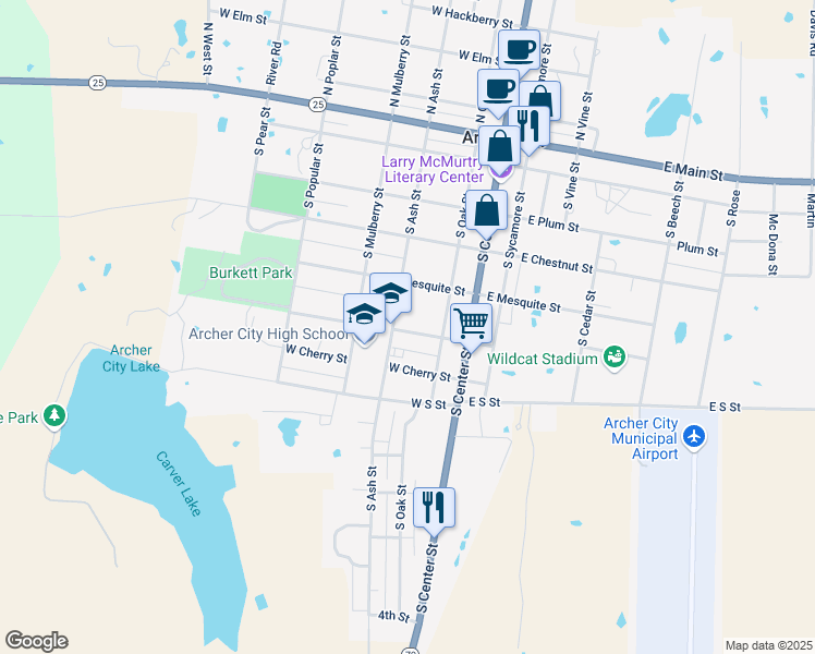 map of restaurants, bars, coffee shops, grocery stores, and more near 213 West Cottonwood Street in Archer City
