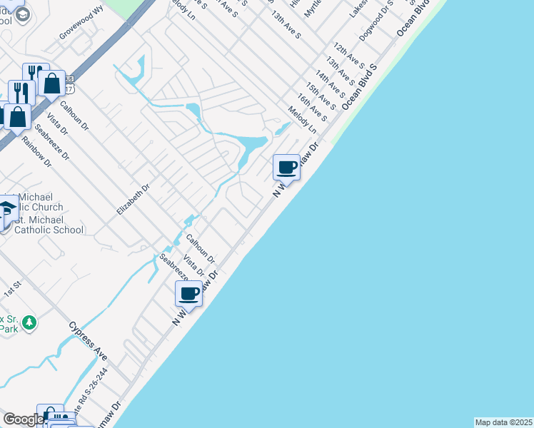 map of restaurants, bars, coffee shops, grocery stores, and more near 1720 North Waccamaw Drive in Murrells Inlet