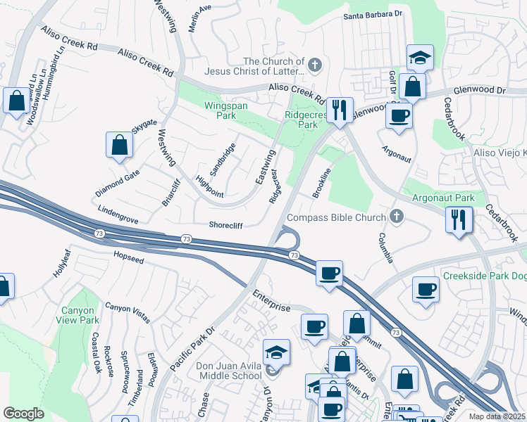 map of restaurants, bars, coffee shops, grocery stores, and more near 47 Ridgecrest in Aliso Viejo