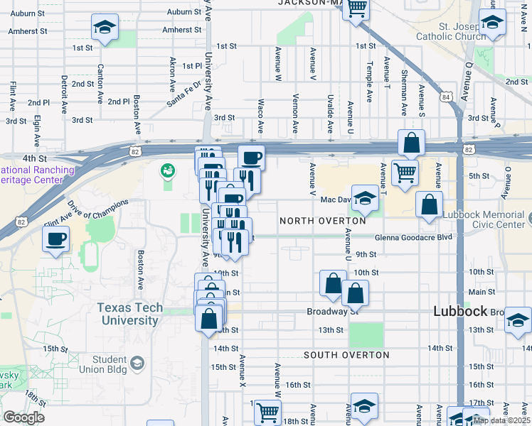 map of restaurants, bars, coffee shops, grocery stores, and more near 2302 Glenna Goodacre Boulevard in Lubbock