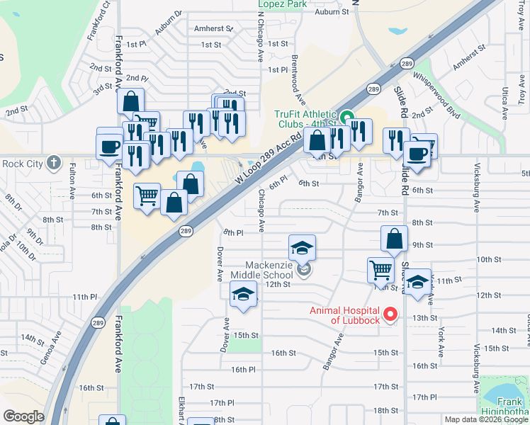 map of restaurants, bars, coffee shops, grocery stores, and more near 5446 8th Street in Lubbock