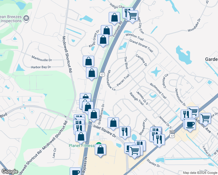 map of restaurants, bars, coffee shops, grocery stores, and more near 3177 Moonshadow Lane in Murrells Inlet