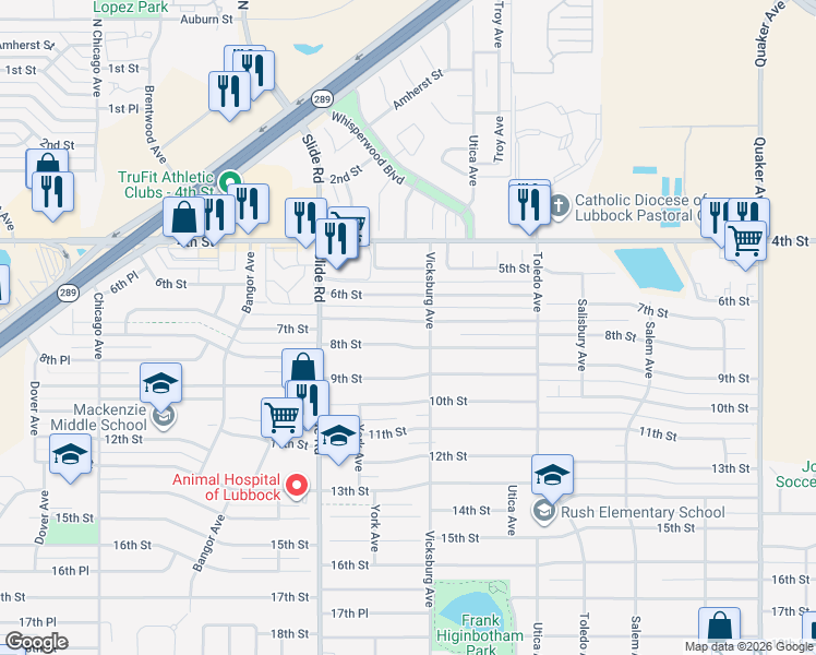map of restaurants, bars, coffee shops, grocery stores, and more near 4907 7th Street in Lubbock