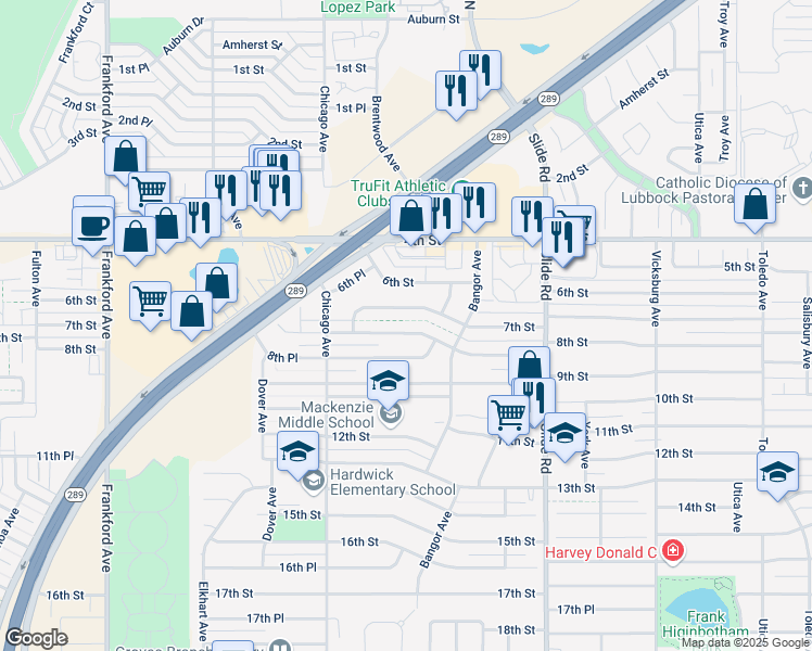 map of restaurants, bars, coffee shops, grocery stores, and more near 5420 8th St in Lubbock