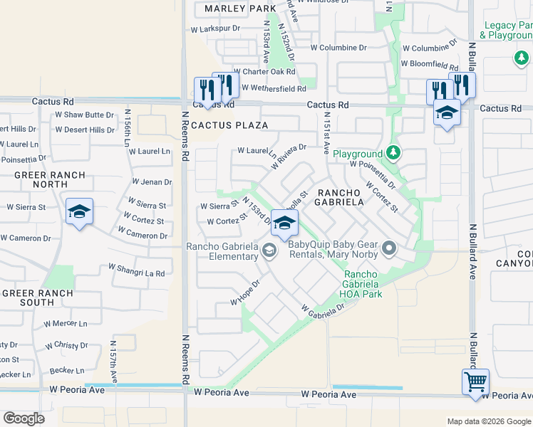 map of restaurants, bars, coffee shops, grocery stores, and more near 11571 North 153rd Drive in Surprise