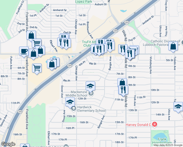 map of restaurants, bars, coffee shops, grocery stores, and more near 5420 8th Street in Lubbock