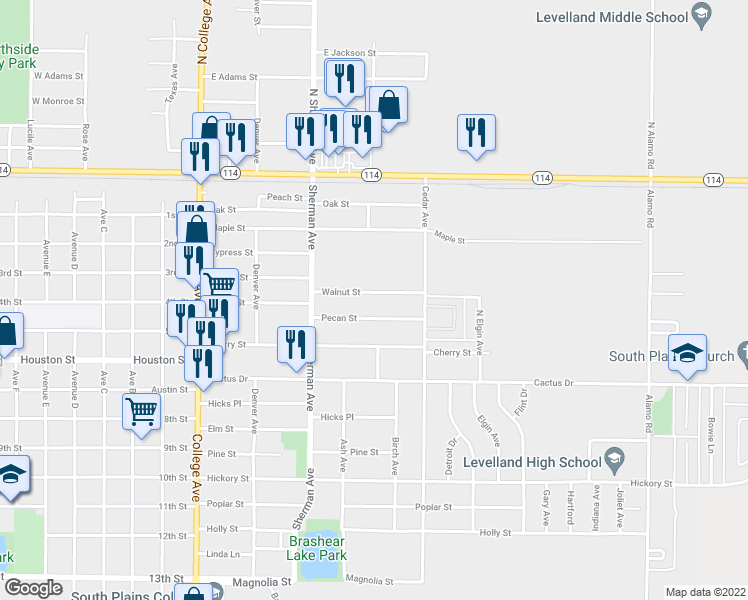 map of restaurants, bars, coffee shops, grocery stores, and more near 326 Walnut St in Levelland