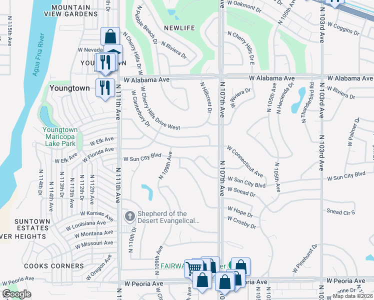 map of restaurants, bars, coffee shops, grocery stores, and more near 10825 West Connecticut Avenue in Sun City