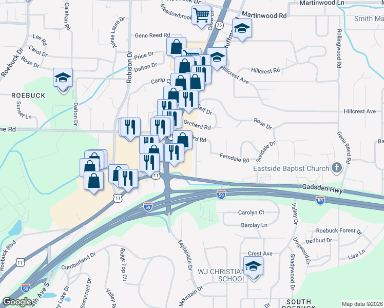 map of restaurants, bars, coffee shops, grocery stores, and more near 9236 Brookhurst Drive in Birmingham