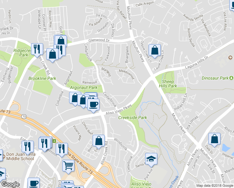map of restaurants, bars, coffee shops, grocery stores, and more near 9 Robin Ridge in Aliso Viejo