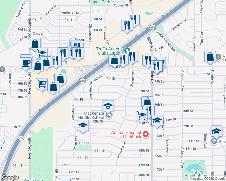 map of restaurants, bars, coffee shops, grocery stores, and more near 5420 8th Street in Lubbock