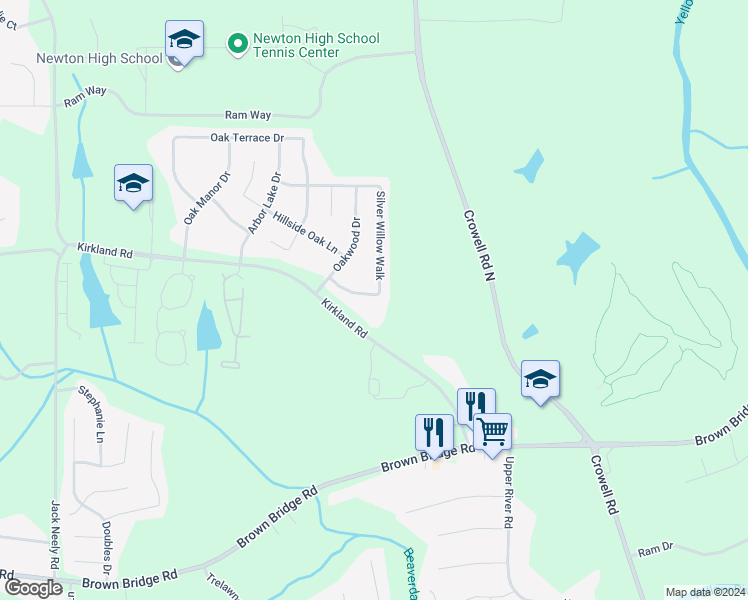 map of restaurants, bars, coffee shops, grocery stores, and more near 90 Silver Willow Walk in Covington