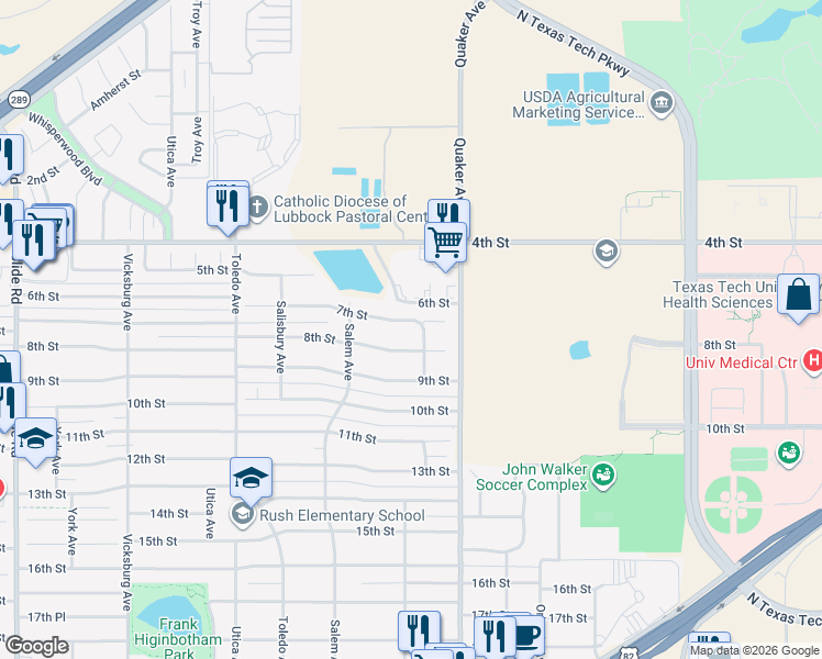 map of restaurants, bars, coffee shops, grocery stores, and more near 4503 7th Street in Lubbock