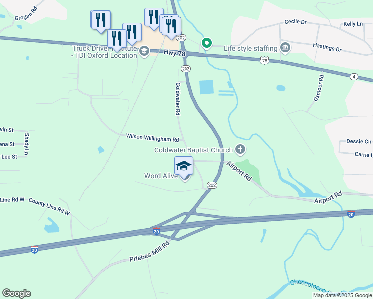 map of restaurants, bars, coffee shops, grocery stores, and more near 335 Coldwater Road in Oxford