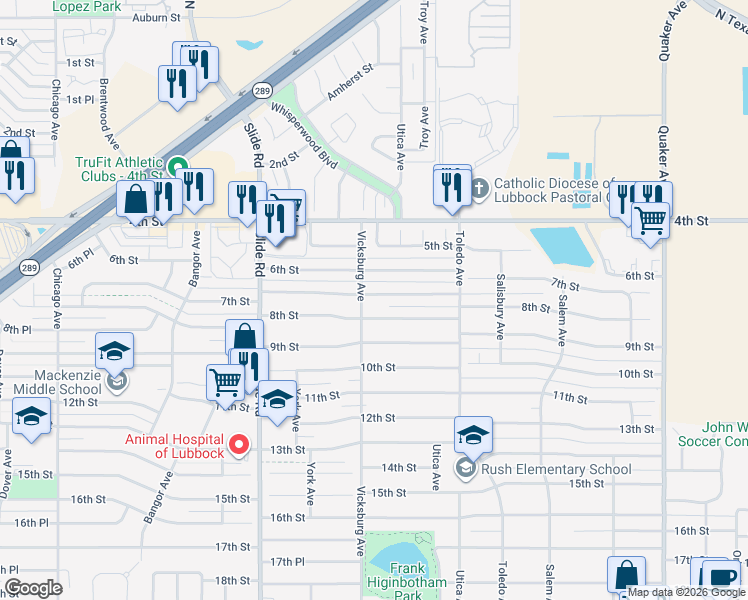 map of restaurants, bars, coffee shops, grocery stores, and more near 4829 7th Street in Lubbock
