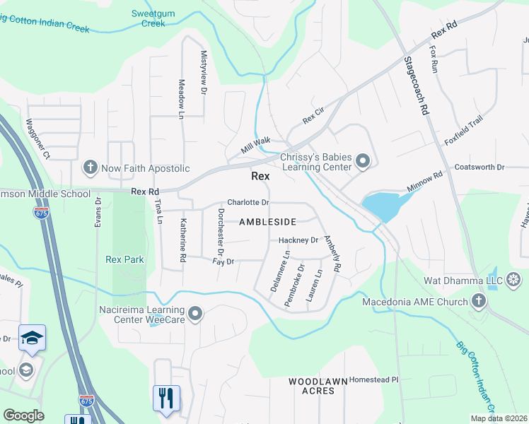map of restaurants, bars, coffee shops, grocery stores, and more near 6035 Amberly Road in Rex