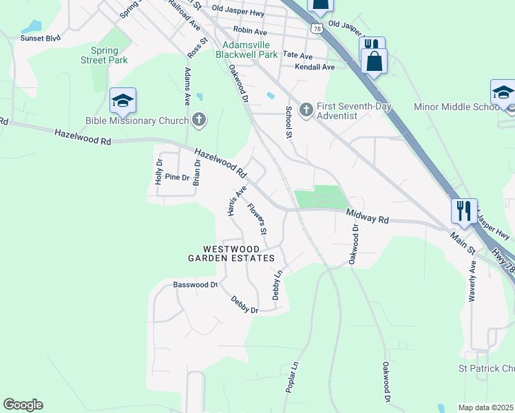 map of restaurants, bars, coffee shops, grocery stores, and more near 4112 Flowers St in Adamsville