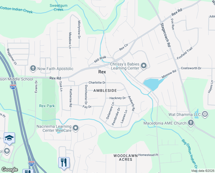 map of restaurants, bars, coffee shops, grocery stores, and more near 6035 Amberly Road in Rex