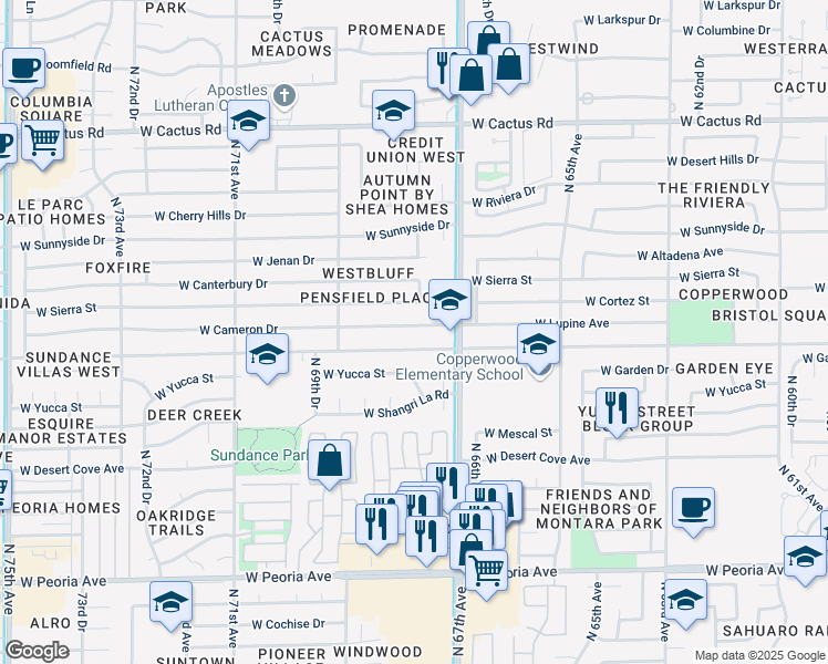 map of restaurants, bars, coffee shops, grocery stores, and more near 6739 West Cameron Drive in Peoria