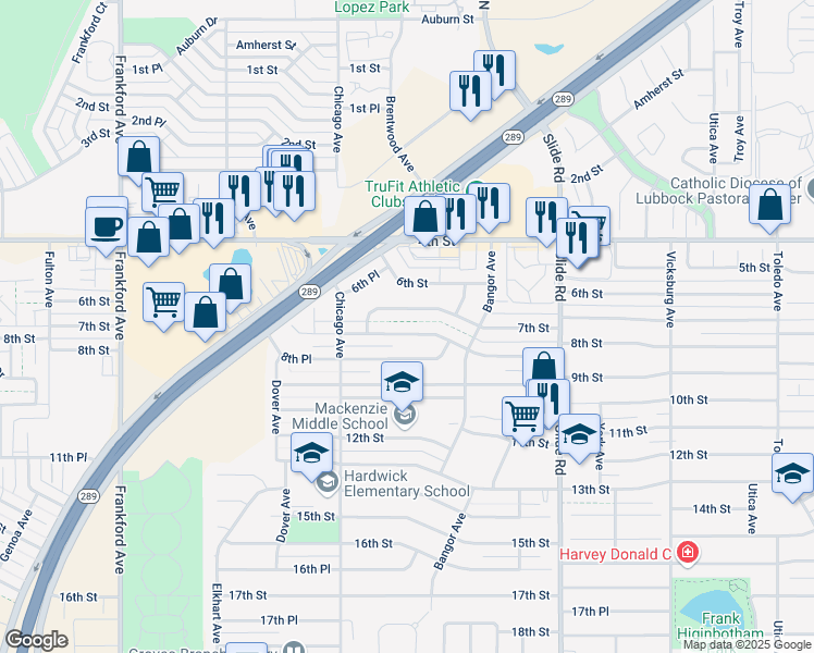 map of restaurants, bars, coffee shops, grocery stores, and more near 5420 8th Street in Lubbock