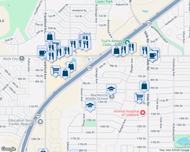 map of restaurants, bars, coffee shops, grocery stores, and more near 5446 8th Street in Lubbock