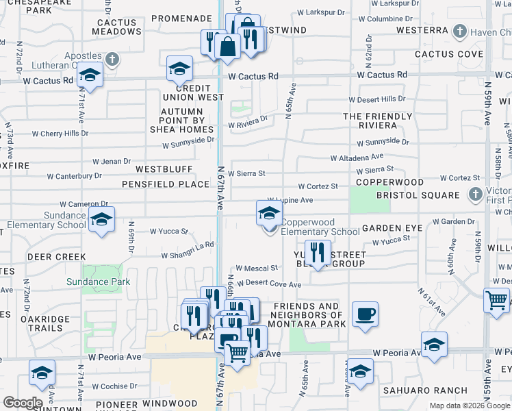 map of restaurants, bars, coffee shops, grocery stores, and more near 6525 West Lupine Avenue in Glendale