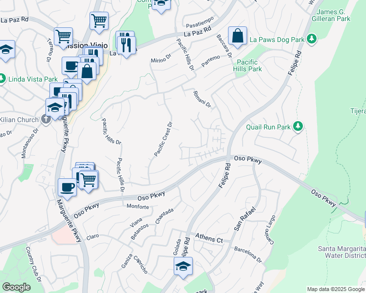 map of restaurants, bars, coffee shops, grocery stores, and more near 19 Brindisi Street in Mission Viejo