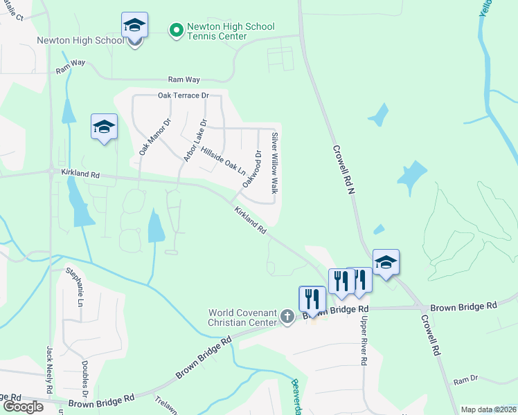 map of restaurants, bars, coffee shops, grocery stores, and more near 60 Silver Willow Walk in Covington