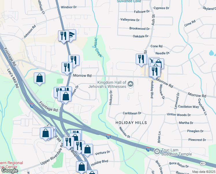 map of restaurants, bars, coffee shops, grocery stores, and more near 6045 Hickory Drive in Forest Park