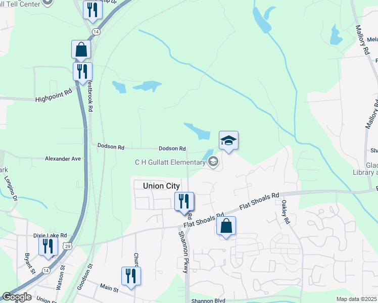 map of restaurants, bars, coffee shops, grocery stores, and more near 5850 Dodson Road in Union City