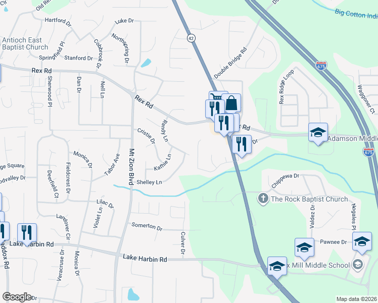 map of restaurants, bars, coffee shops, grocery stores, and more near 6050 Randy Lane in Ellenwood
