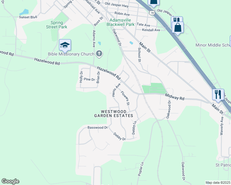 map of restaurants, bars, coffee shops, grocery stores, and more near 4128 Harris Avenue in Adamsville