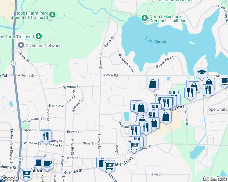 map of restaurants, bars, coffee shops, grocery stores, and more near 153 Autumn Glen Drive in Carrollton
