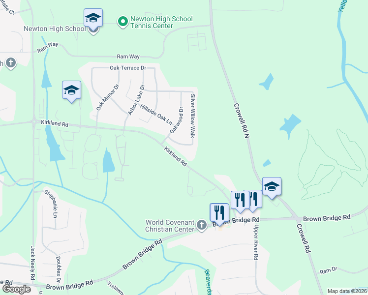 map of restaurants, bars, coffee shops, grocery stores, and more near 70 Silver Willow Walk in Covington