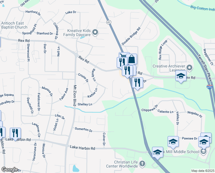 map of restaurants, bars, coffee shops, grocery stores, and more near 6050 Randy Lane in Ellenwood