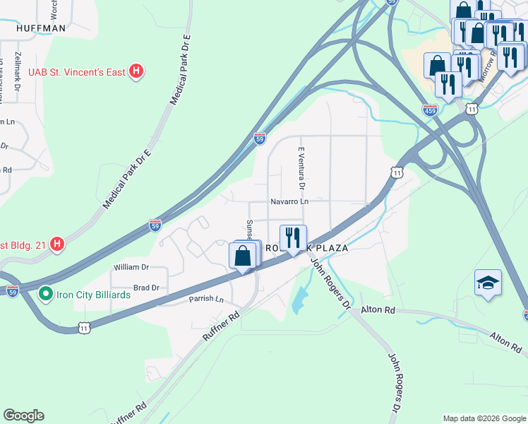 map of restaurants, bars, coffee shops, grocery stores, and more near 332 Del Rio Drive in Birmingham
