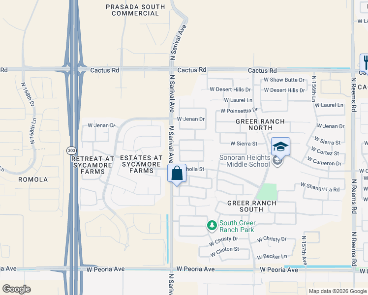 map of restaurants, bars, coffee shops, grocery stores, and more near 16256 West Cortez Street in Surprise