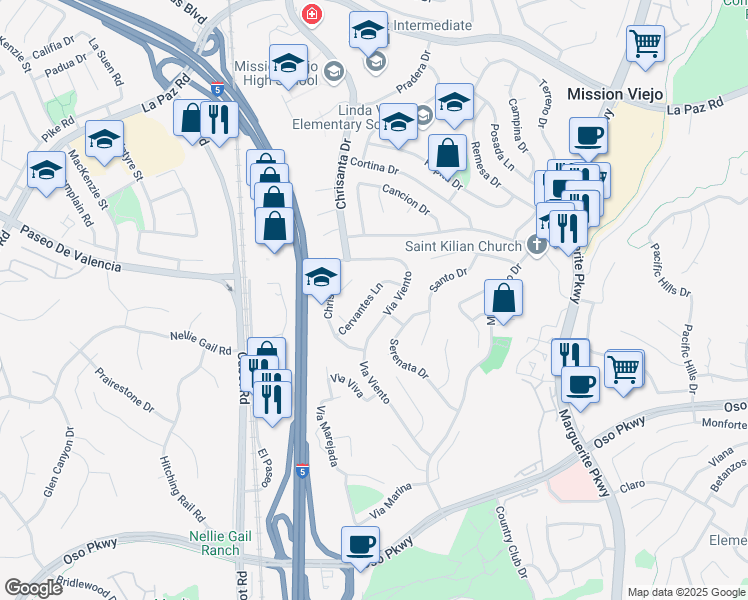map of restaurants, bars, coffee shops, grocery stores, and more near 25702 Cervantes Lane in Mission Viejo