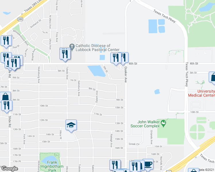 map of restaurants, bars, coffee shops, grocery stores, and more near 4509 7th Street in Lubbock