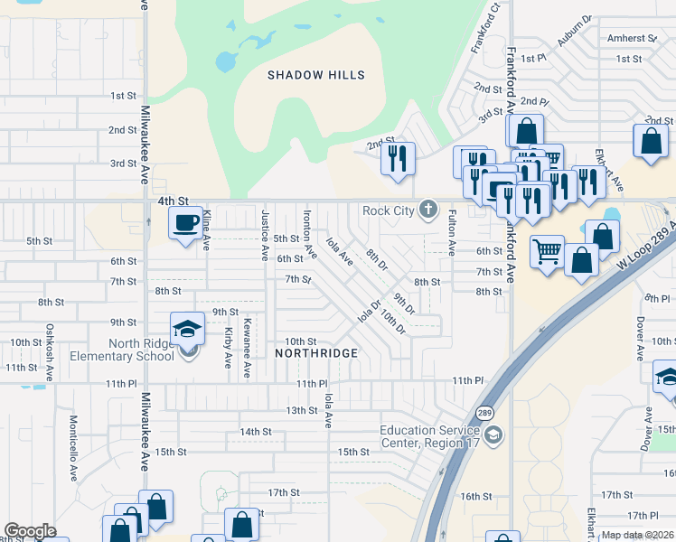 map of restaurants, bars, coffee shops, grocery stores, and more near 522 Iola Avenue in Lubbock