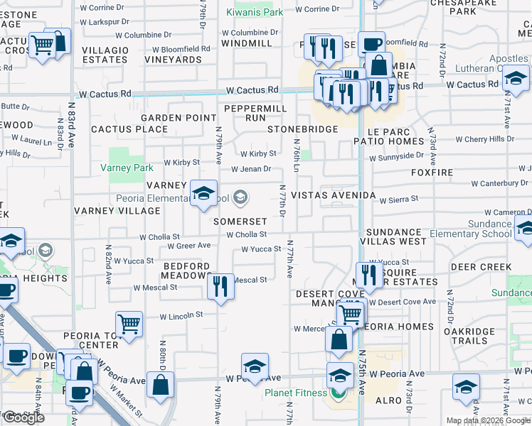map of restaurants, bars, coffee shops, grocery stores, and more near 7720 West Cameron Drive in Peoria