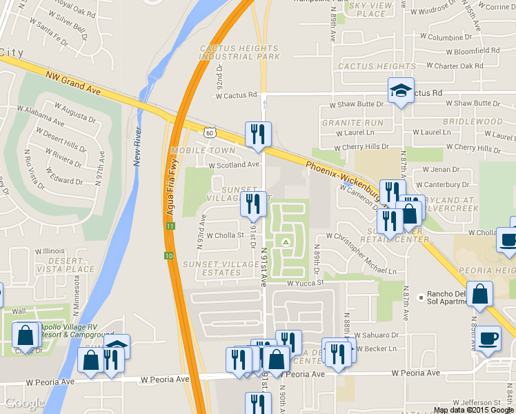 map of restaurants, bars, coffee shops, grocery stores, and more near 11443 N 91st Dr in Peoria