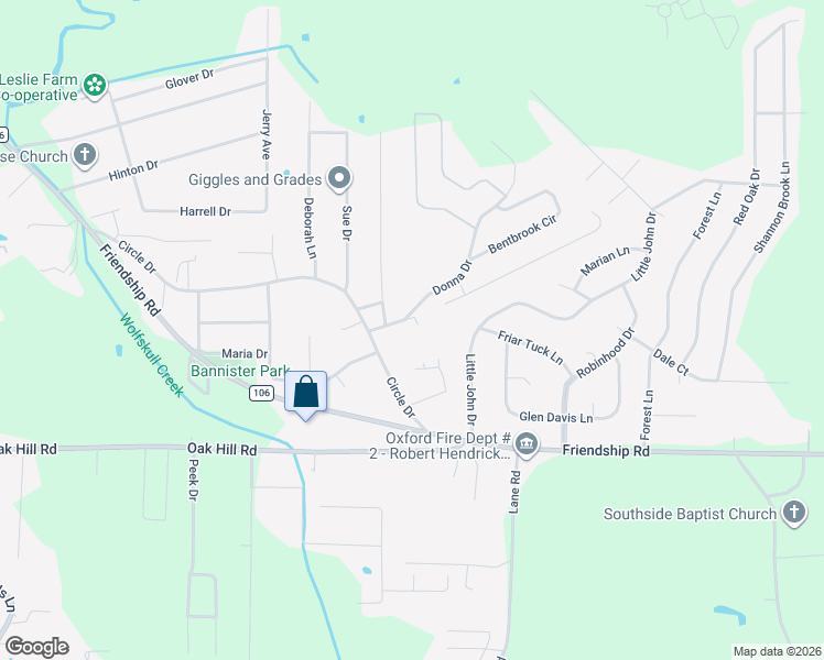 map of restaurants, bars, coffee shops, grocery stores, and more near 1801 Donna Drive in Oxford