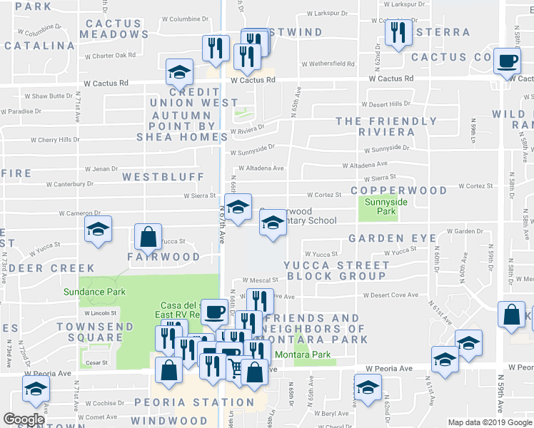 map of restaurants, bars, coffee shops, grocery stores, and more near 6525 West Lupine Avenue in Glendale