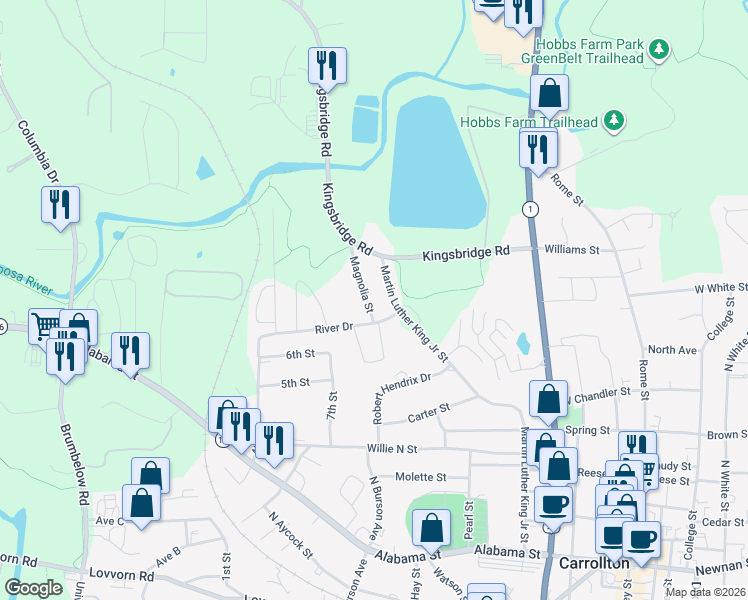 map of restaurants, bars, coffee shops, grocery stores, and more near 107 Magnolia St in Carrollton