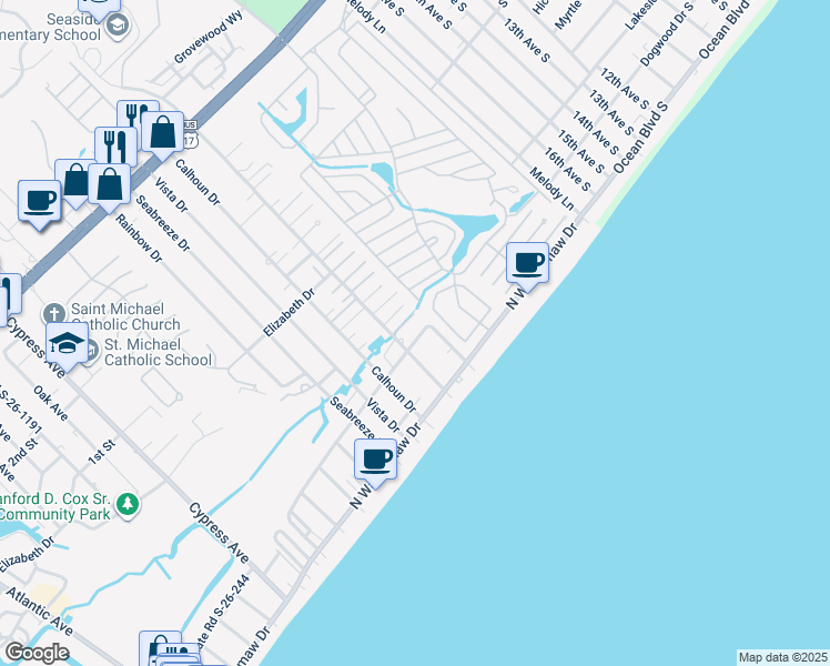 map of restaurants, bars, coffee shops, grocery stores, and more near 1527 North Dogwood Drive in Murrells Inlet