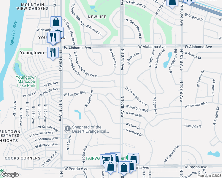 map of restaurants, bars, coffee shops, grocery stores, and more near 10731 West Connecticut Avenue in Sun City